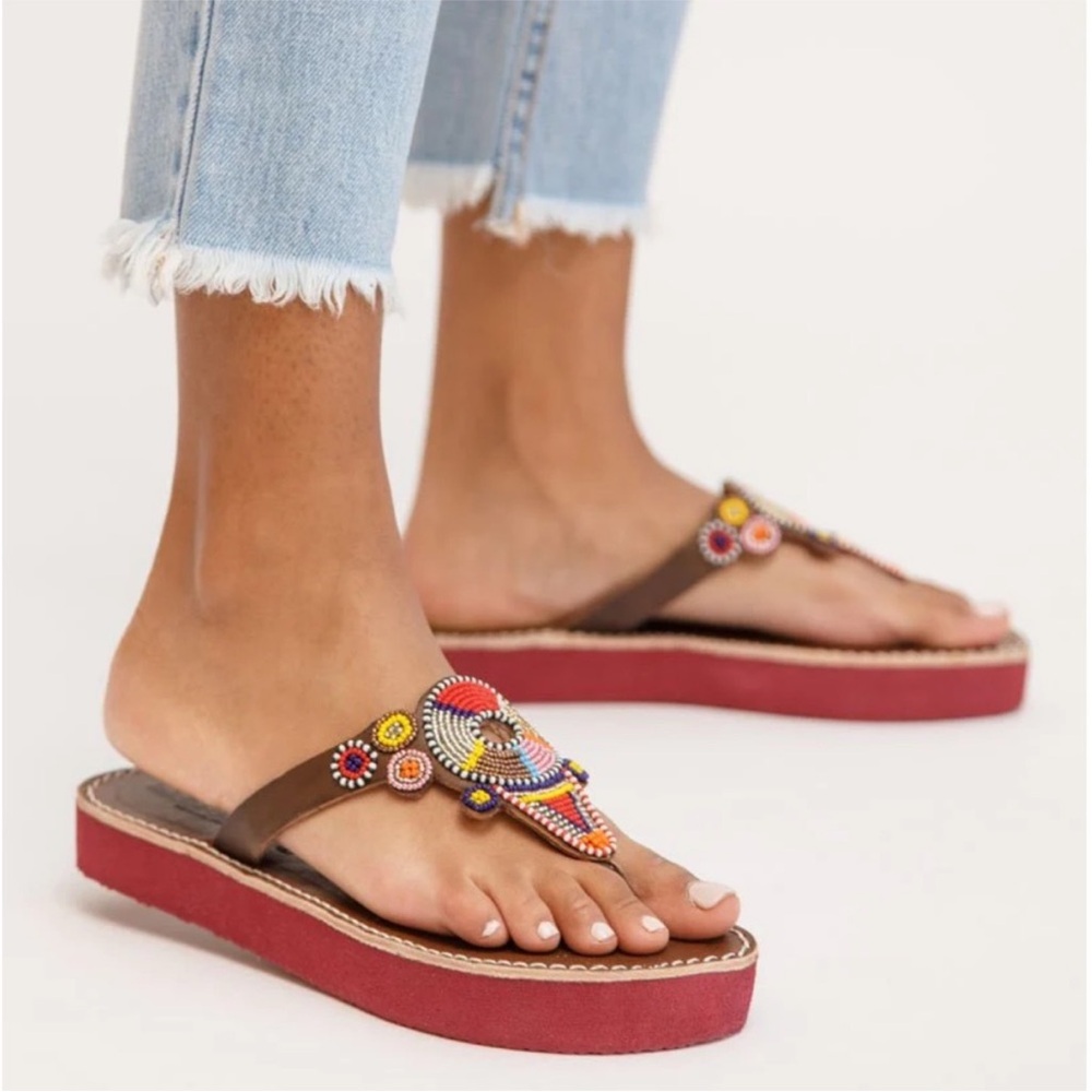 Anthropologie Laidback London Shibli Flip Flop Sandals Leather Beaded Size 41 - Picture 4 of 14